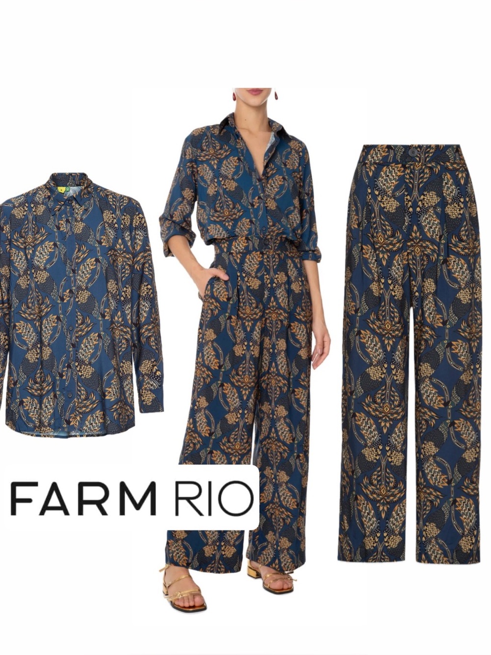 FARM Rio blue and gold floral print SET size XS